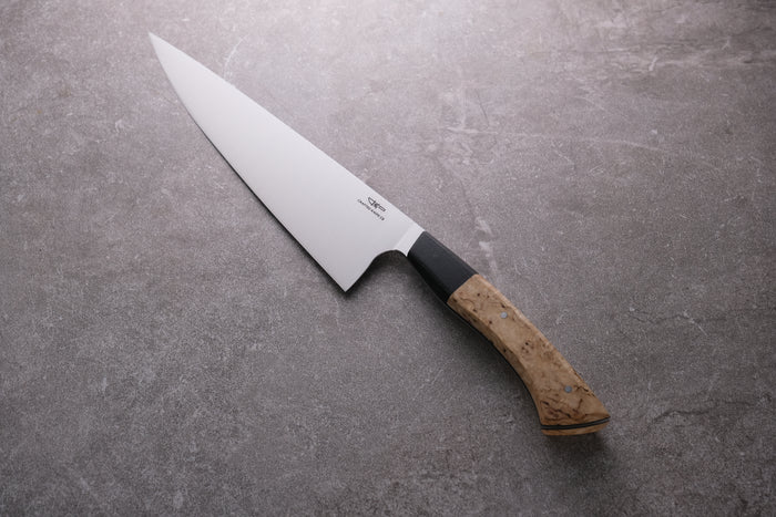 8 Inch Stainless Steel Chefs Knife With Ash Burr & Ancient Bog Oak Handle