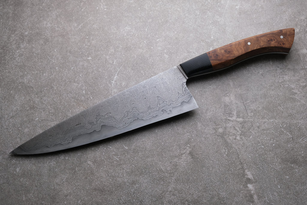 8 Inch Carbon Steel & Wrought Iron Chefs Knife With Elm Burr & black G10 Handle