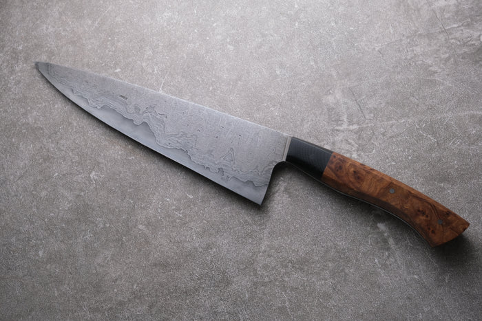 8 Inch Carbon Steel & Wrought Iron Chefs Knife With Elm Burr & black G10 Handle