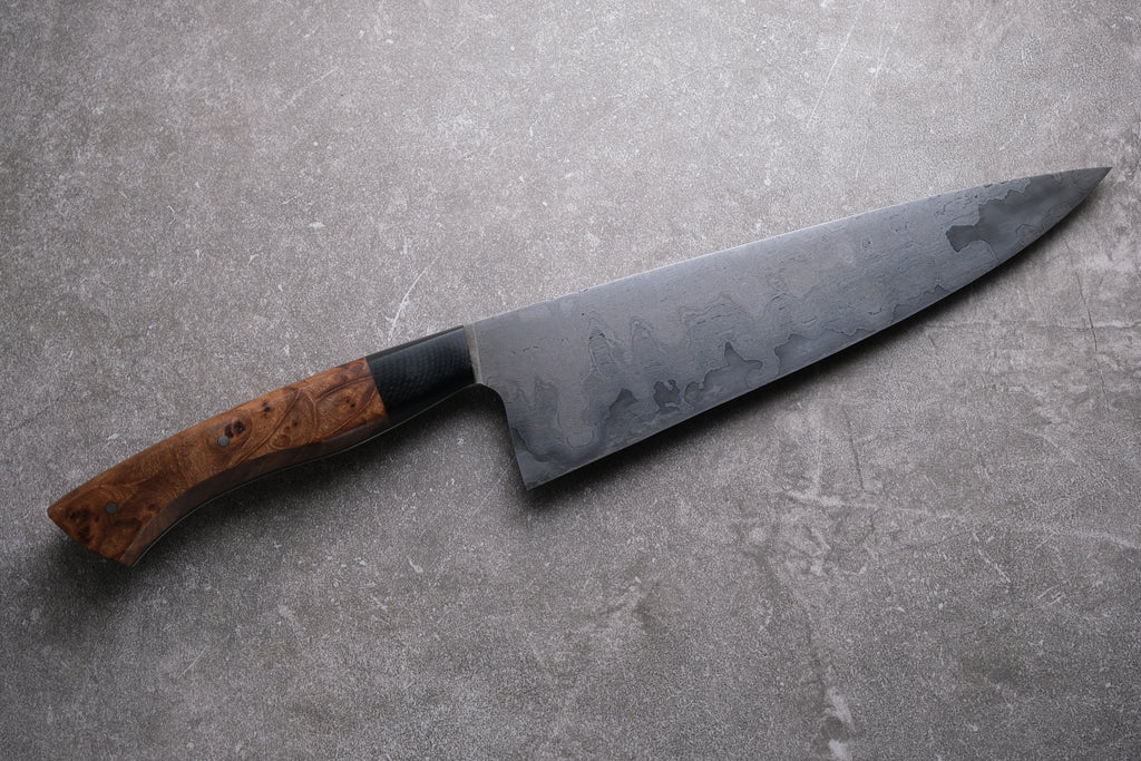 8 Inch Carbon Steel & Wrought Iron Chefs Knife With Elm Burr & black G10 Handle