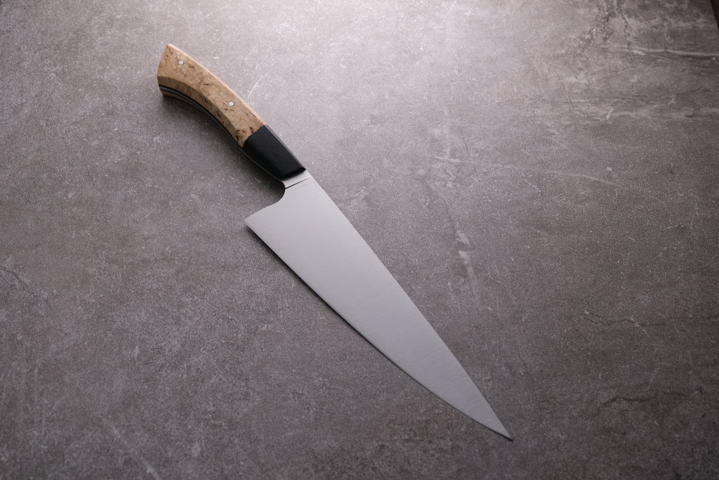 8 Inch Stainless Steel Chefs Knife With Ash Burr & Ancient Bog Oak Handle