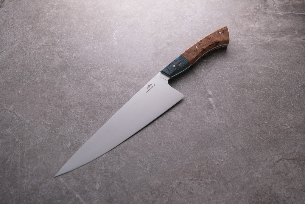 8 Inch Stainless Steel Chefs Knife With Blue Spalted Tamarind & Elm Burr Handle