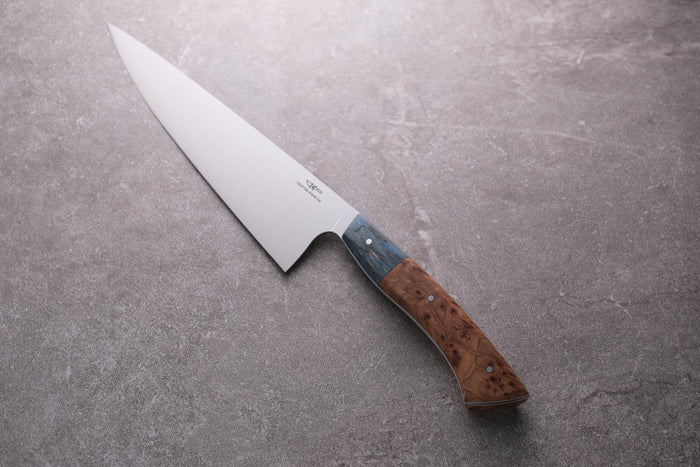 8 Inch Stainless Steel Chefs Knife With Blue Spalted Tamarind & Elm Burr Handle