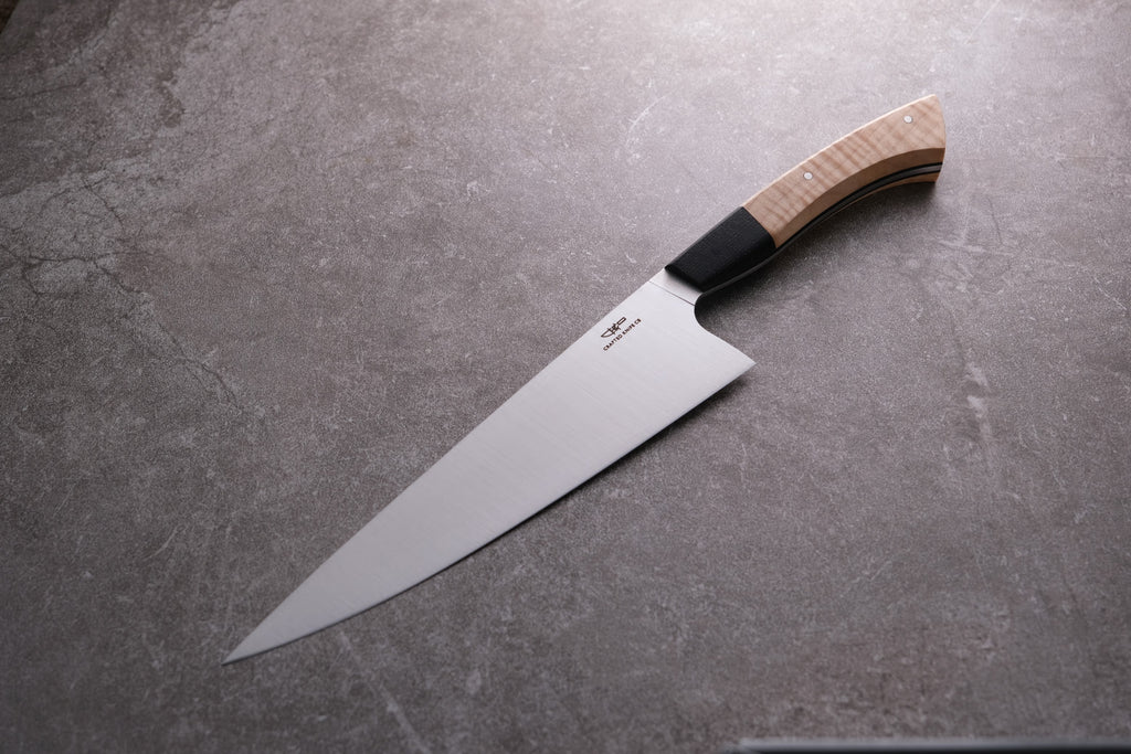 8 Inch Stainless Steel Chefs Knife With Quilted Maple & Bog Oak Handle