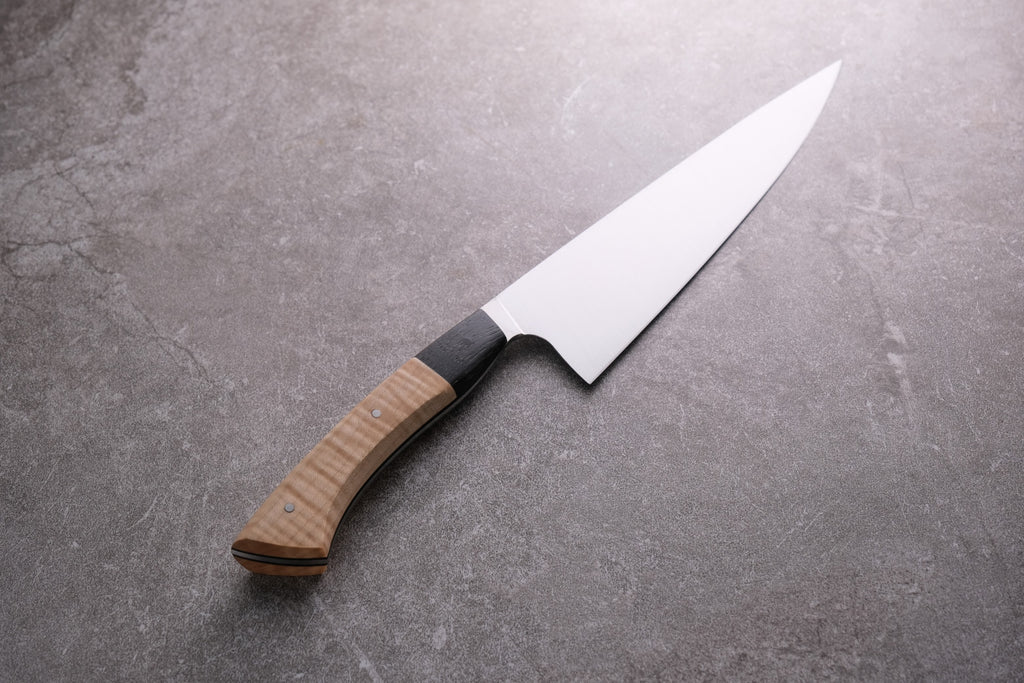 8 Inch Stainless Steel Chefs Knife With Quilted Maple & Bog Oak Handle
