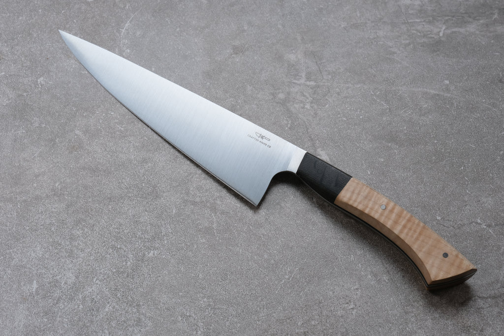 8 Inch Stainless Steel Chefs Knife With Quilted Maple & Bog Oak Handle