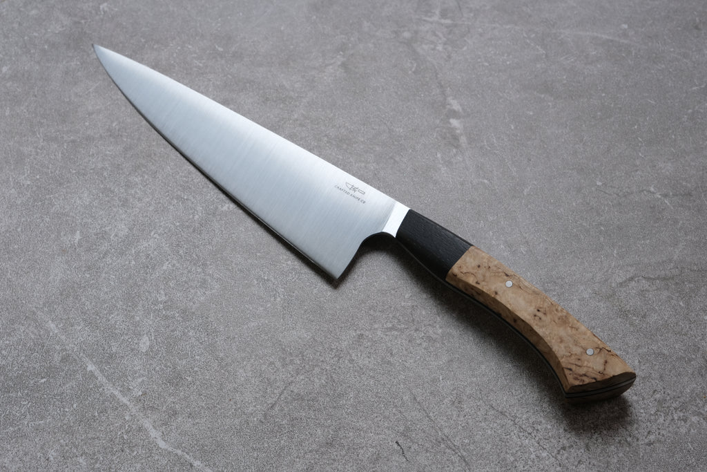 8 Inch Stainless Steel Chefs Knife With Ash Burr & Ancient Bog Oak Handle