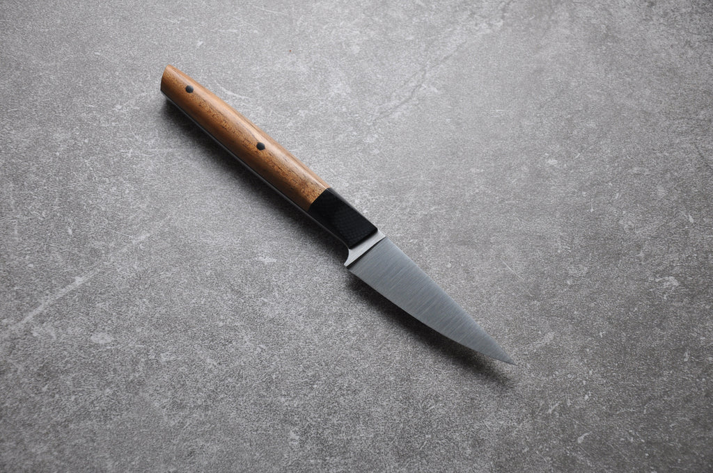 3 Inch Stainless Fruit/Paring Knife With Koa Wood & Black G10 Handle